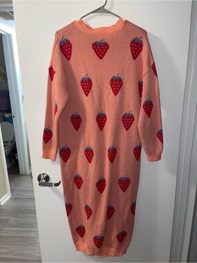 Pink Strawberry Knit Sweater Dress
